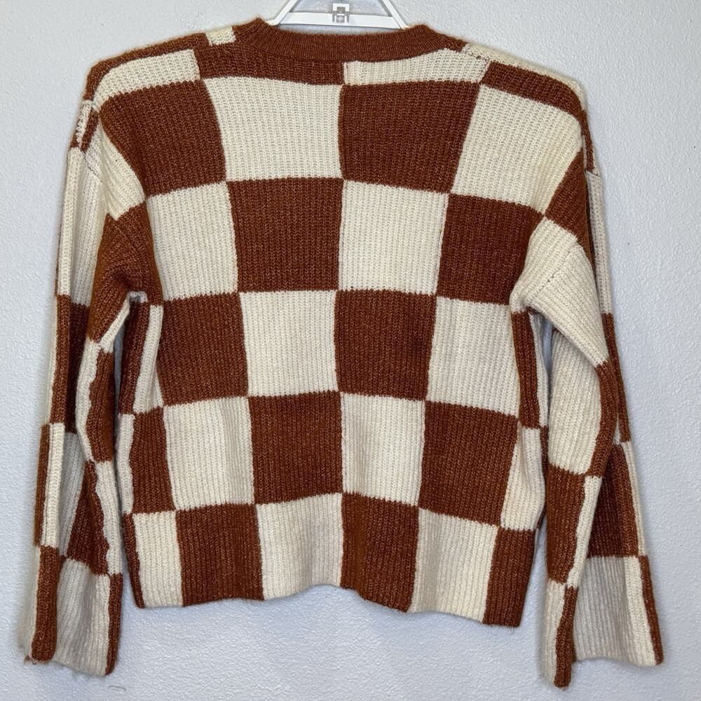 Pink Lily Crewneck Oversized Sweater Sz Small Cream Rust Check Long Bell Sleeve - Picture 5 of 8